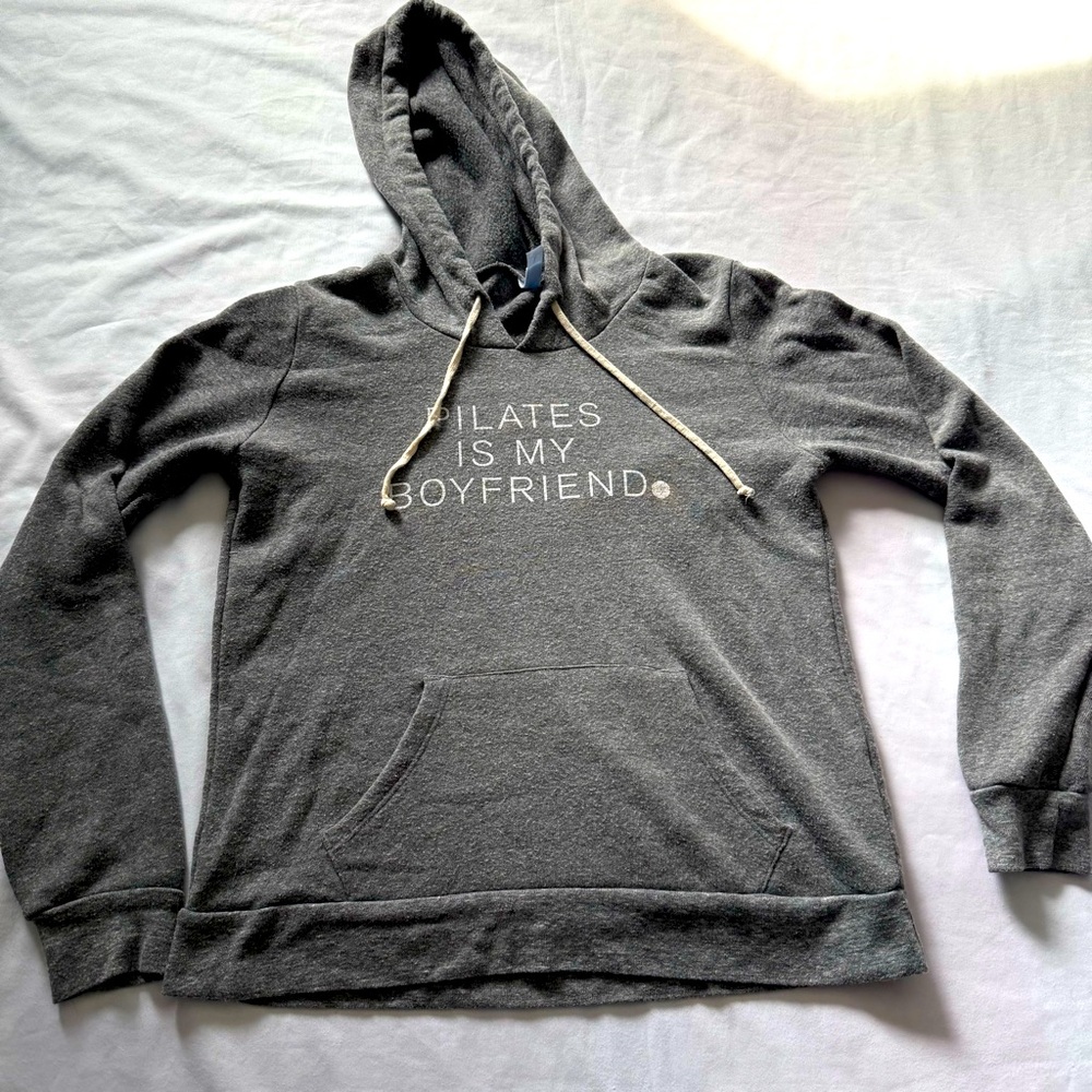 Gray Sweatshirt Hoodie super soft women's L "Pilates is My Boyfriend" lounge top